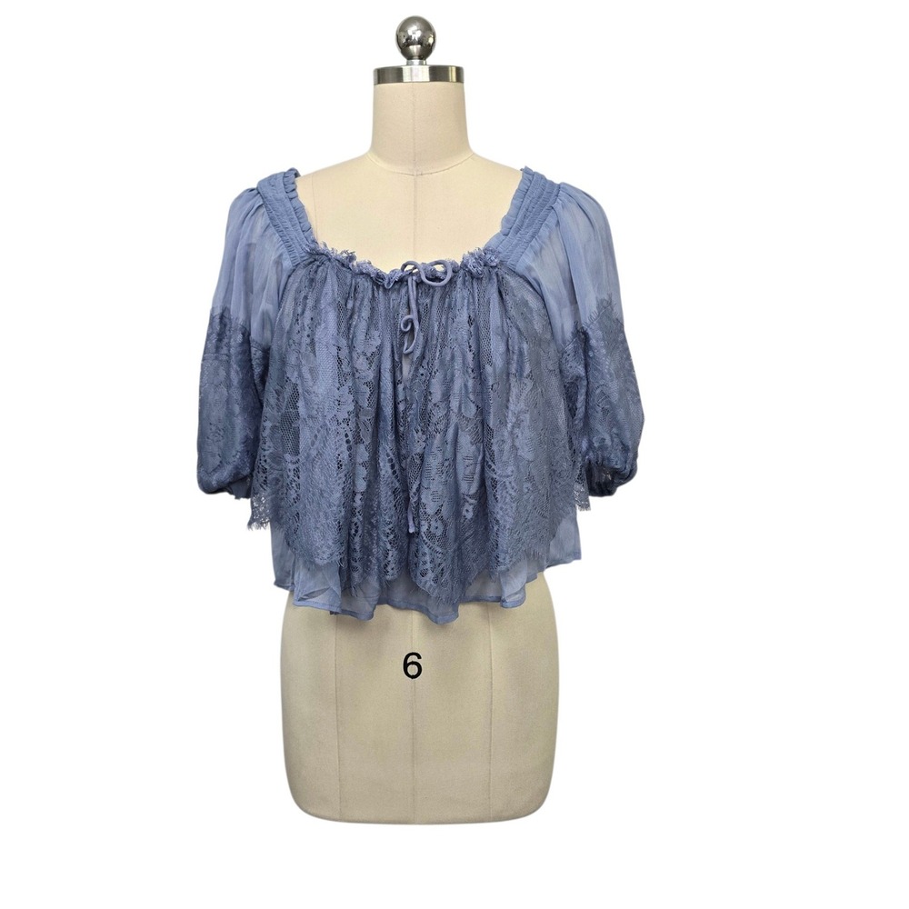Free People Dusty Blue Lace Chiffon Peasant Blouse Smocked Crop Top Size Small